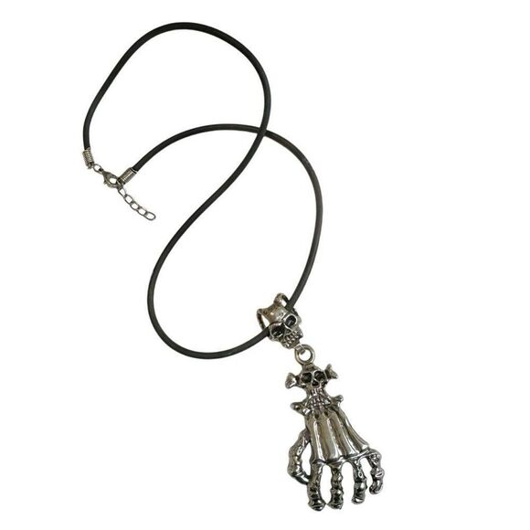 Silver tone Skeleton Claw pendant Necklace on black cord - Picture 4 of 7